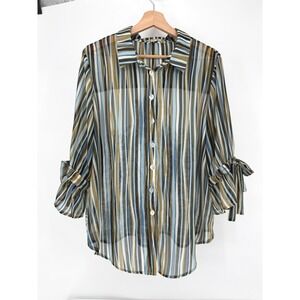 One World Button Up Blouse Womens XL Sheer Mixed Print Stripe Paisley Tie Sleeve